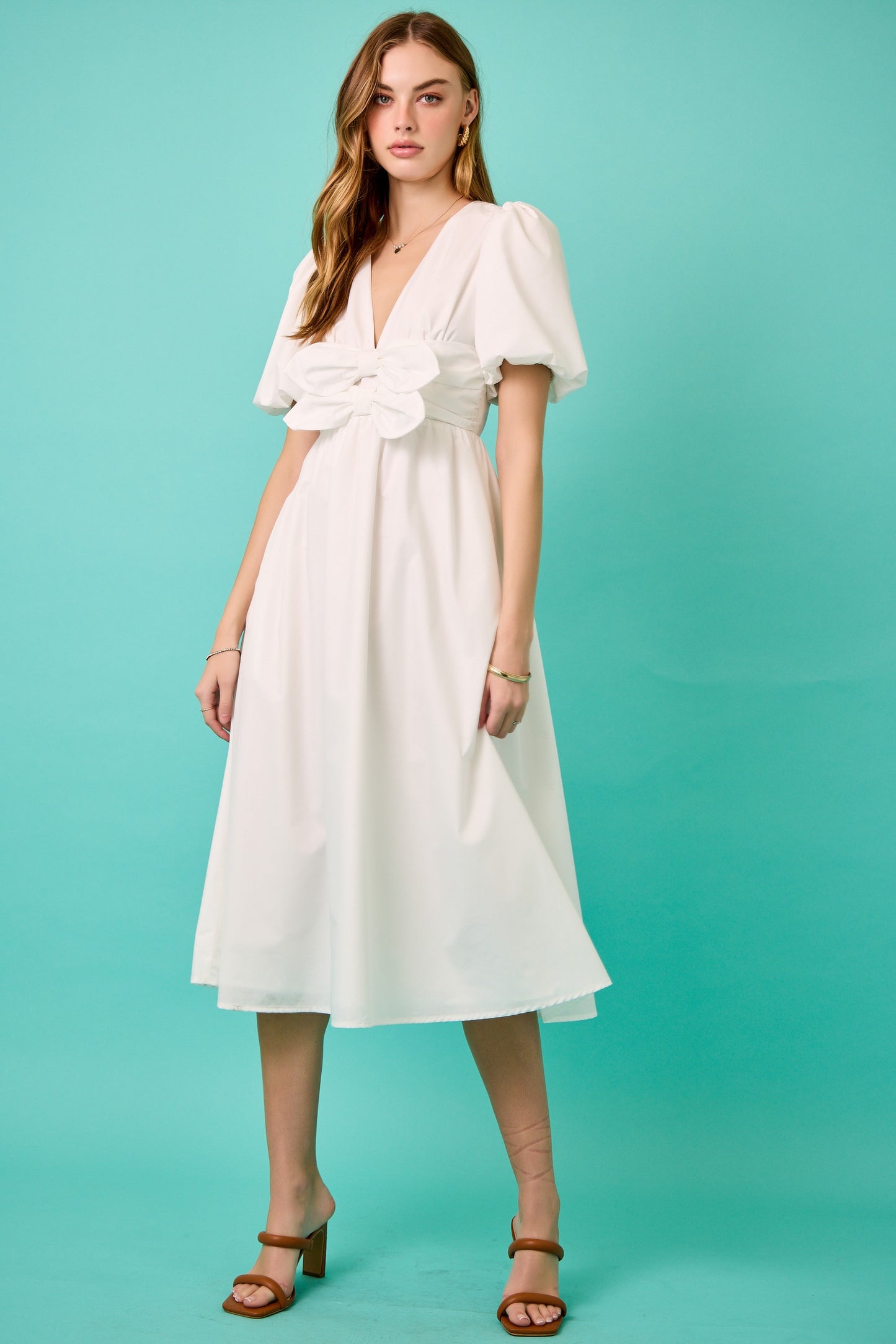Juniors' Day + Moon Solid Midi W/Bow Detail Dress (Off White)