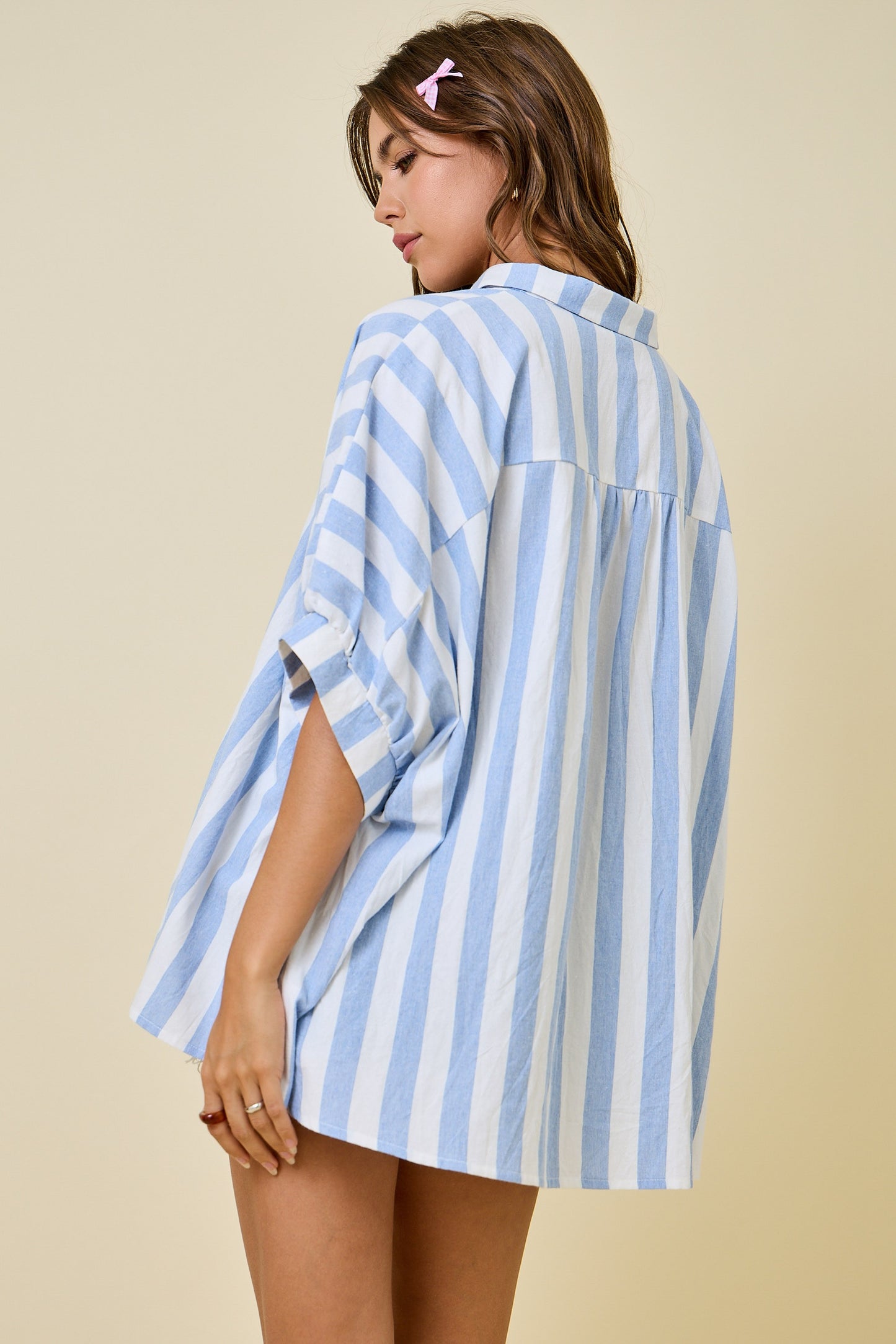 Juniors' Day + Moon Striped Oversized Button Down Shirt