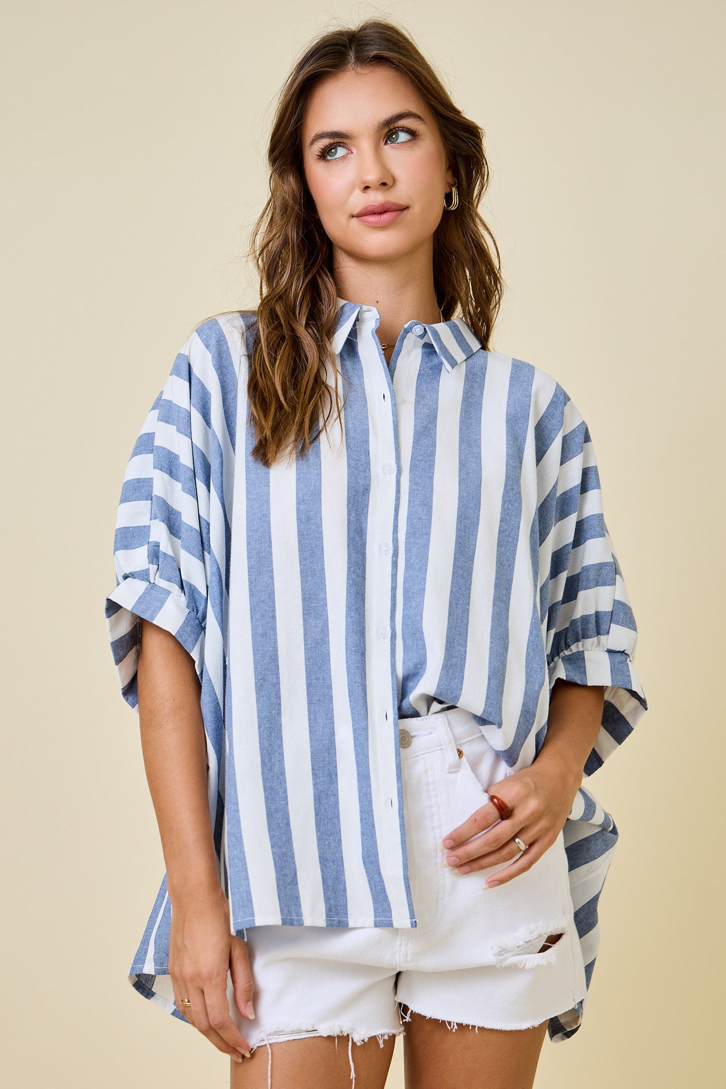 Juniors' Day + Moon Striped Oversized Button Down Shirt