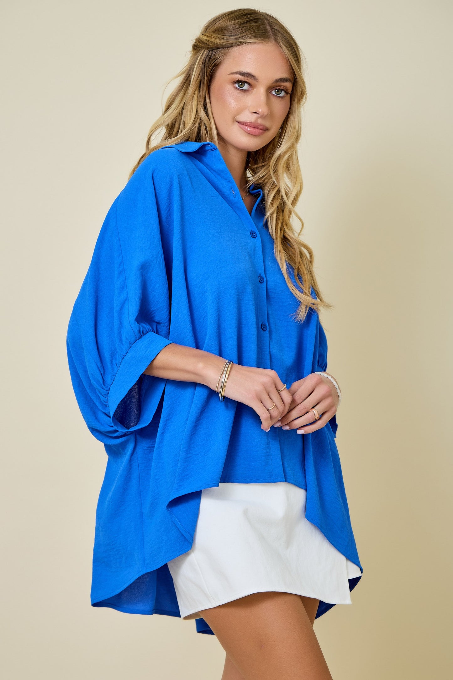 Juniors' Day + Moon Textured Air Flow Oversized Button Down Shirt