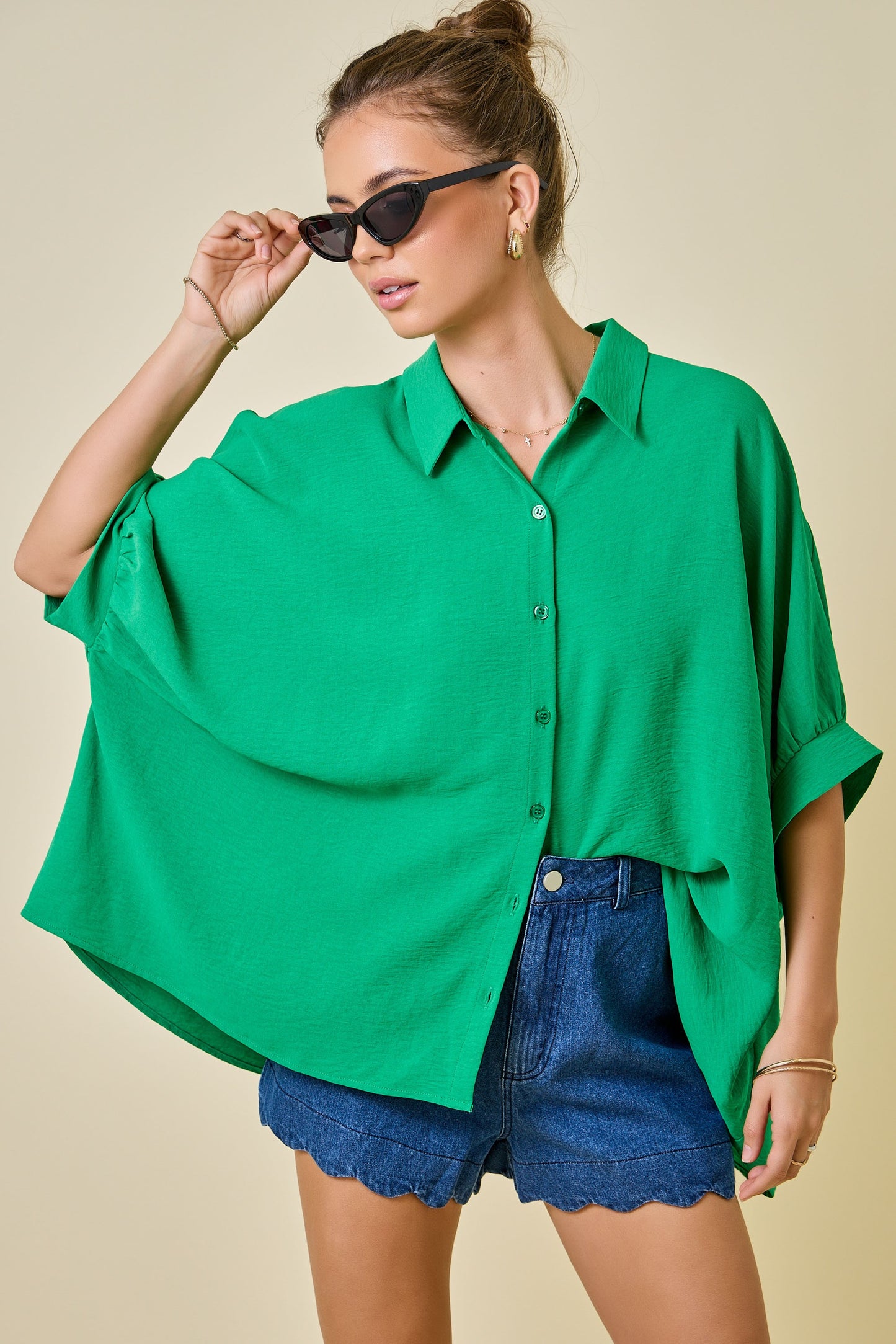 Juniors' Day + Moon Textured Air Flow Oversized Button Down Shirt