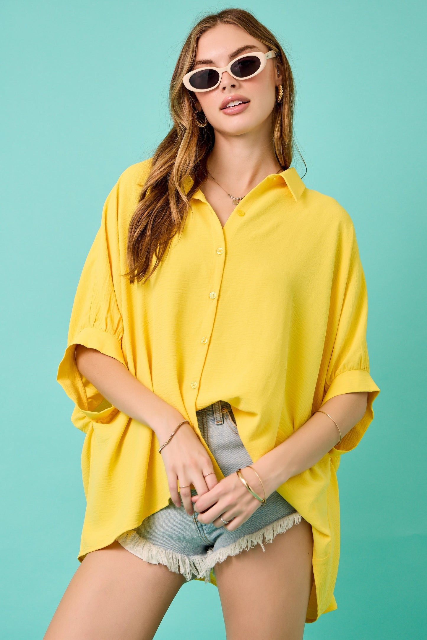 Juniors' Day + Moon Textured Air Flow Oversized Button Down Shirt