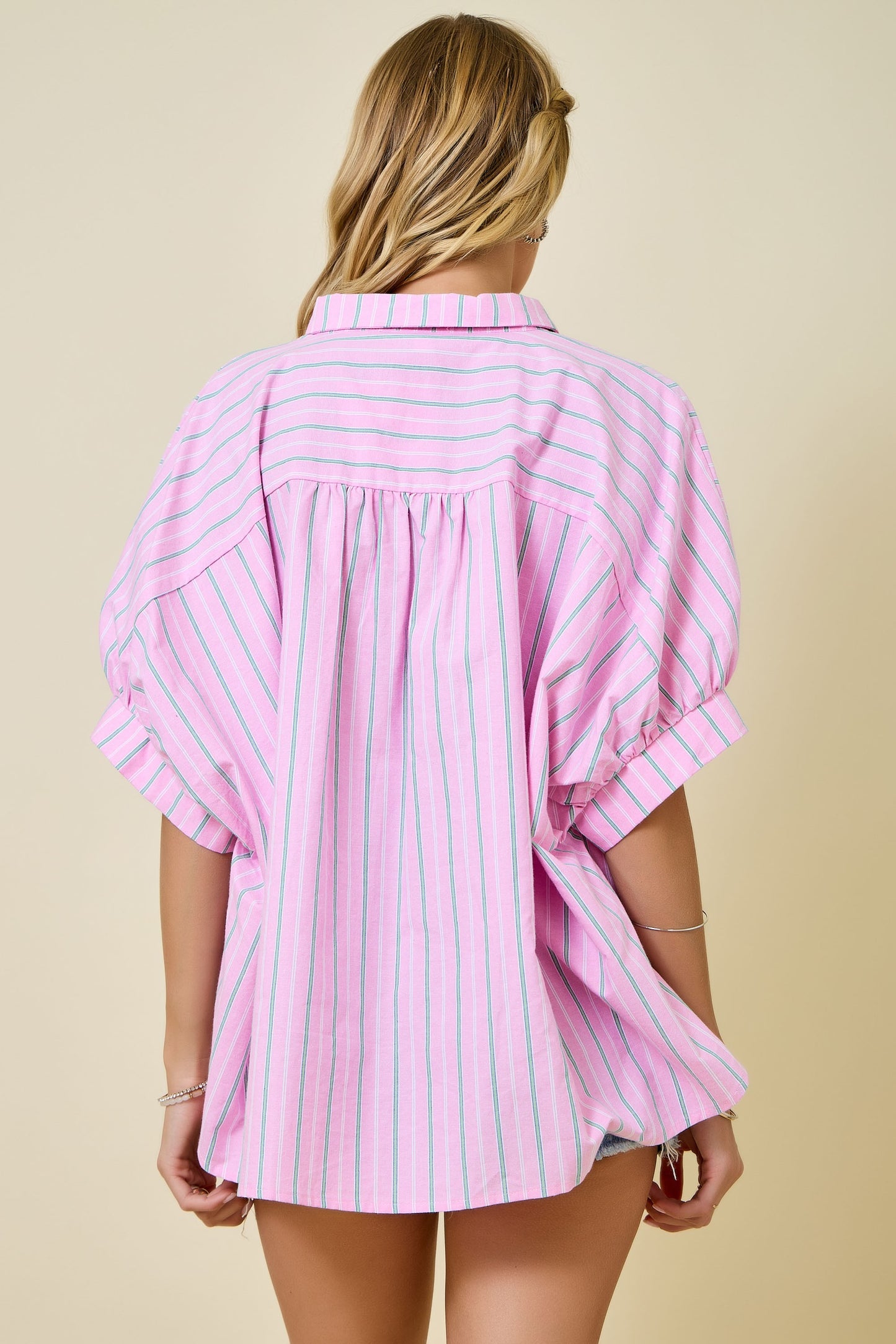 Juniors' Day + Moon Multi Color Oversized Striped Button Down Shirt