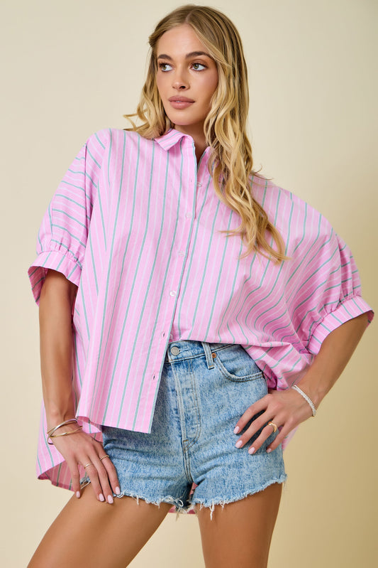 Juniors' Day + Moon Multi Color Oversized Striped Button Down Shirt