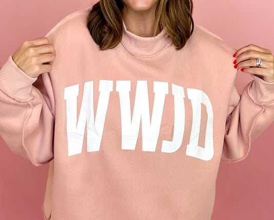 Juniors' Bucketlist Reversible WWJD/AMEN Mock Neck Sweatshirt (Blush Pink/White)
