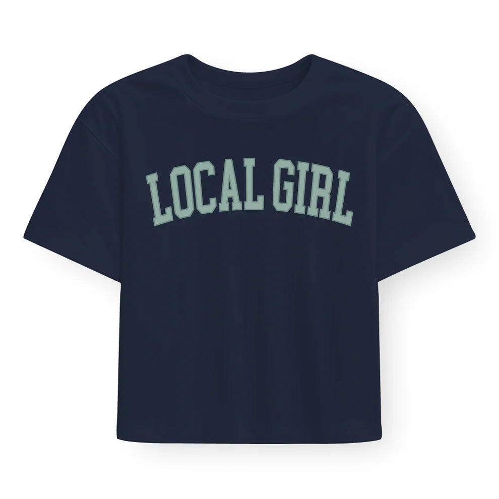 Juniors' Local Girl Graphic Cropped Tee-Arch Jade (China Blue)