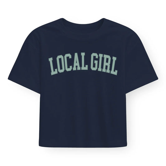 Juniors' Local Girl Graphic Cropped Tee-Arch Jade (China Blue)