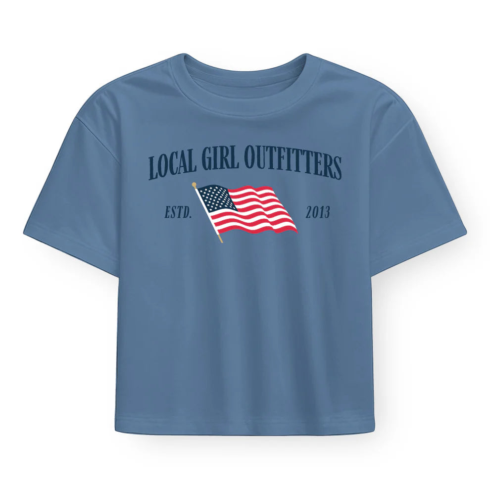 Juniors' Local Girl Graphic Cropped Tee-Stars & Stripes (Slate)