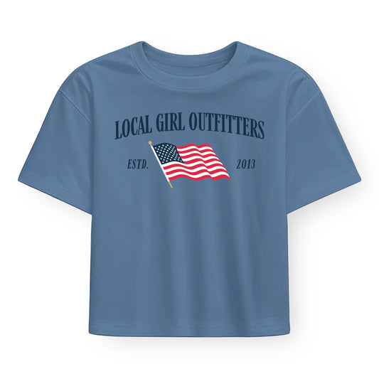 Juniors' Local Girl Graphic Cropped Tee-Stars & Stripes (Slate)