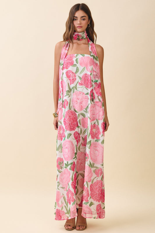 Juniors' Pretty Follies Strapless Floral Maxi Dress W/Convertible Scarf (Pink)