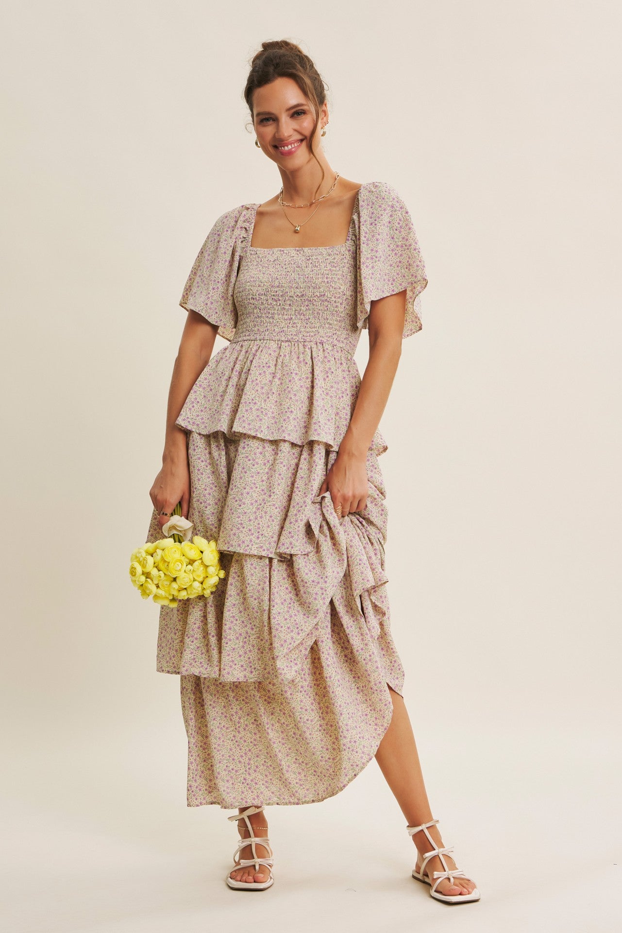 Juniors' Idem Ditto Soft Glow Flattering Smocked Ruffle Maxi Dress