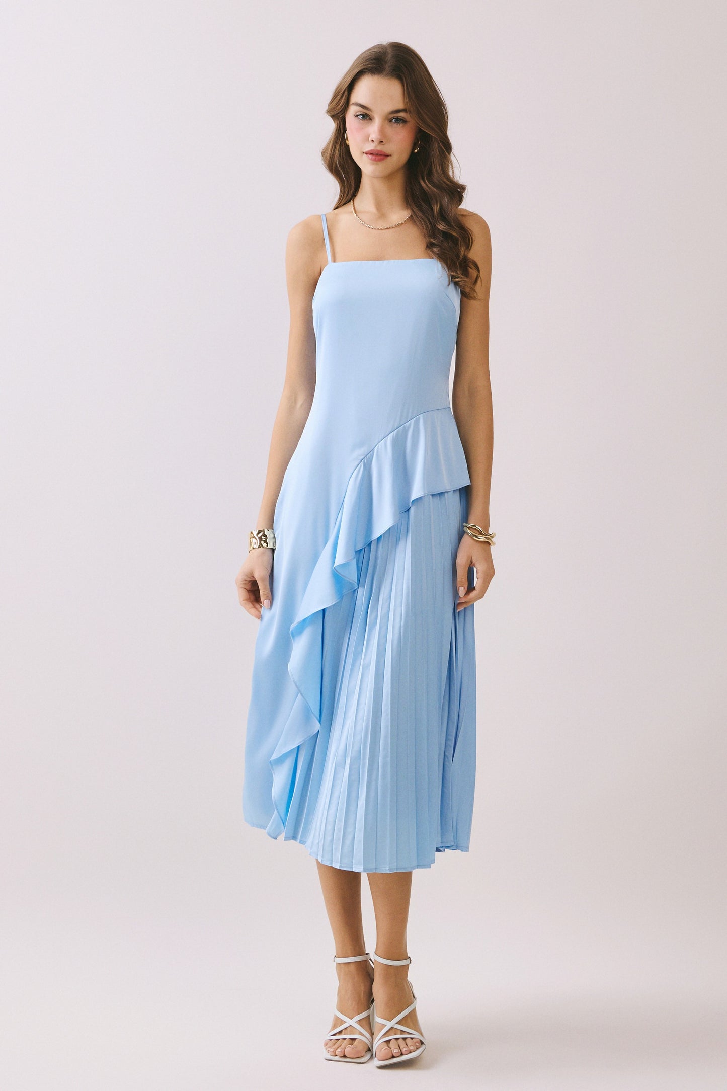 Juniors' Pretty Follies Cascading Asymmetric Ruffle Square Neck Dress