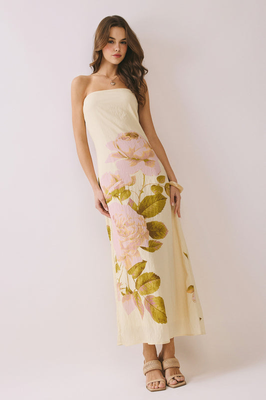 Juniors' Pretty Follies Bold Oversized Floral Print Strapless Maxi Dress (Butter Yellow)