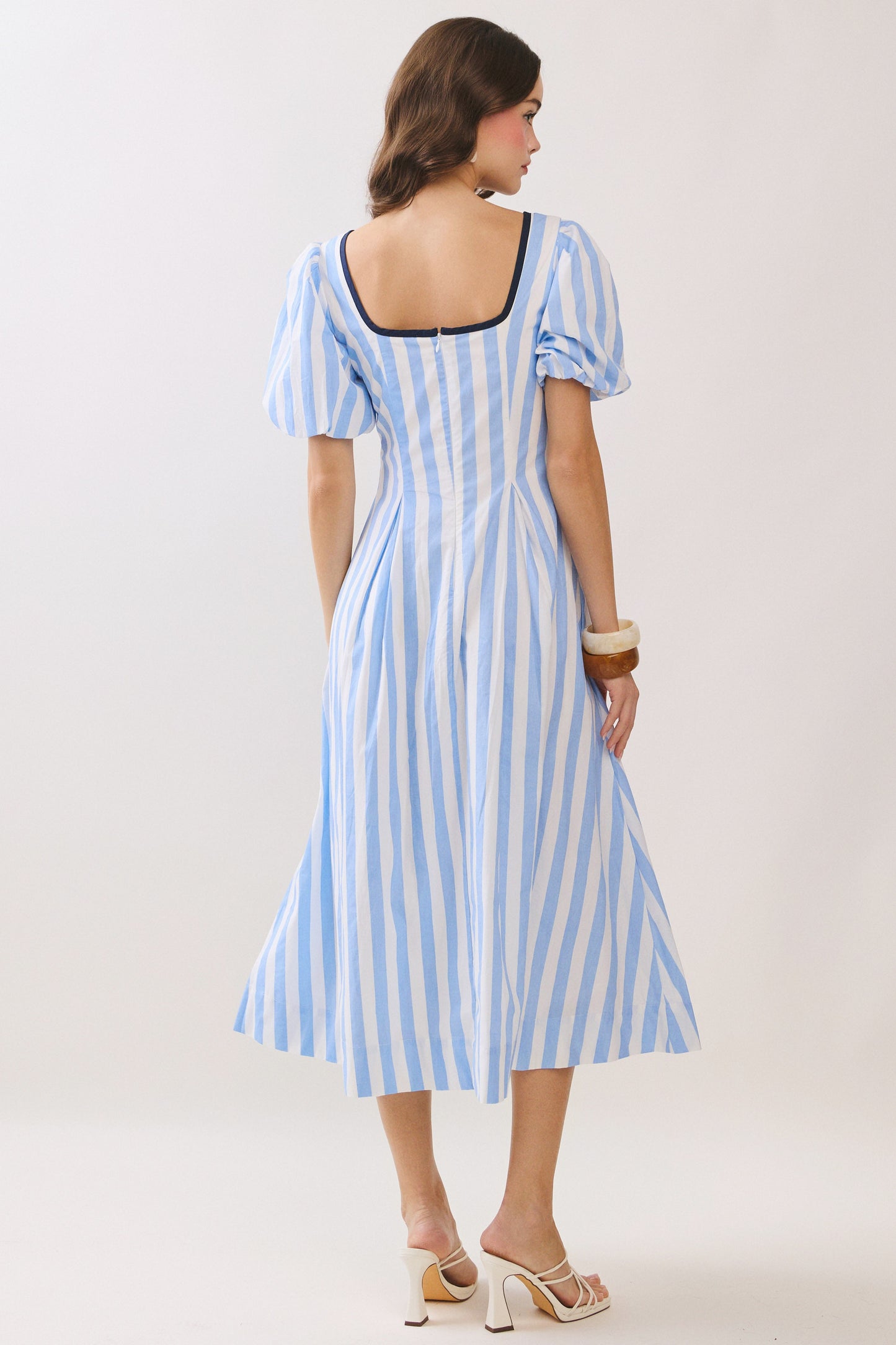 Juniors' Pretty Follies Striped Contrast Piping Detail Square Neck Dress (Blue)