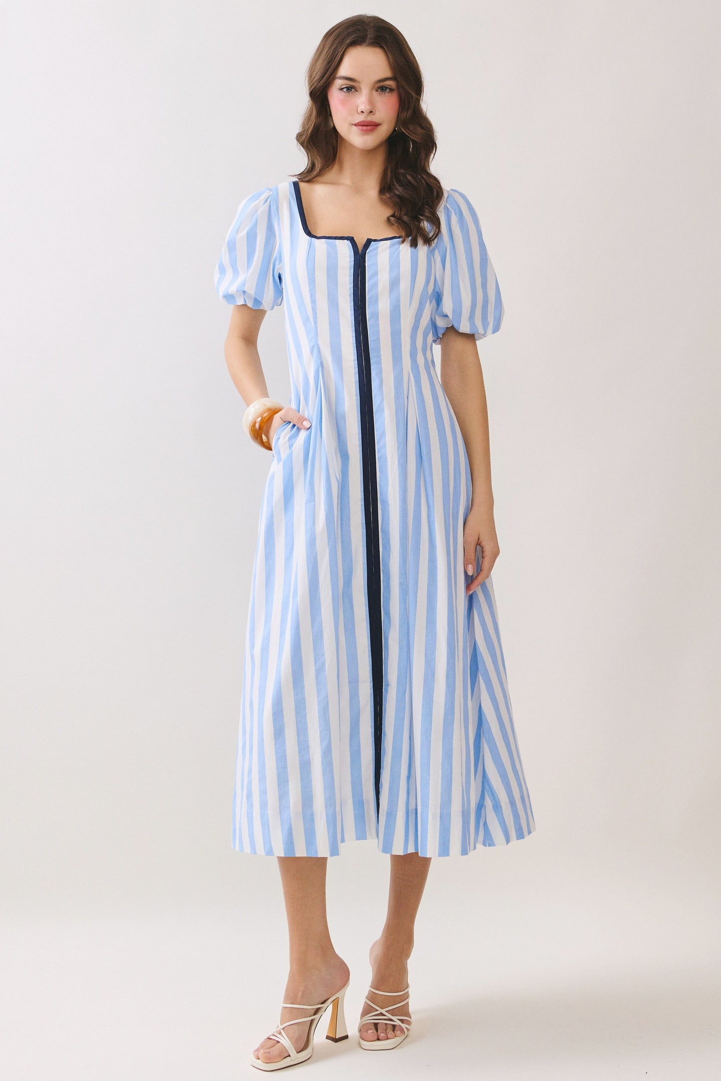 Juniors' Pretty Follies Striped Contrast Piping Detail Square Neck Dress (Blue)