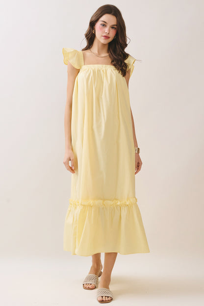 Juniors' Pretty Follies Ruffled Cap Sleeve Square Neckline Midi Dress