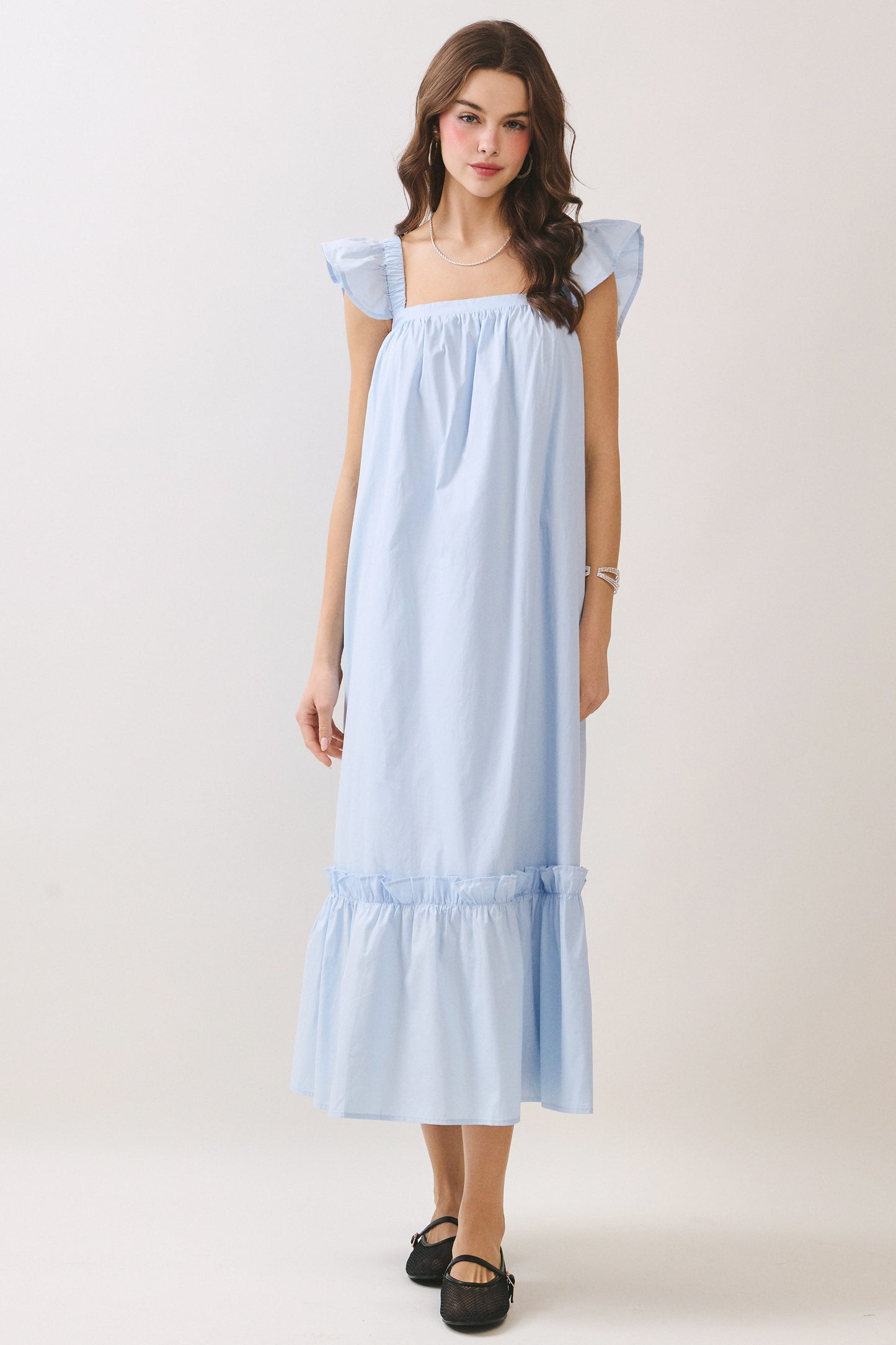 Juniors' Pretty Follies Ruffled Cap Sleeve Square Neckline Midi Dress