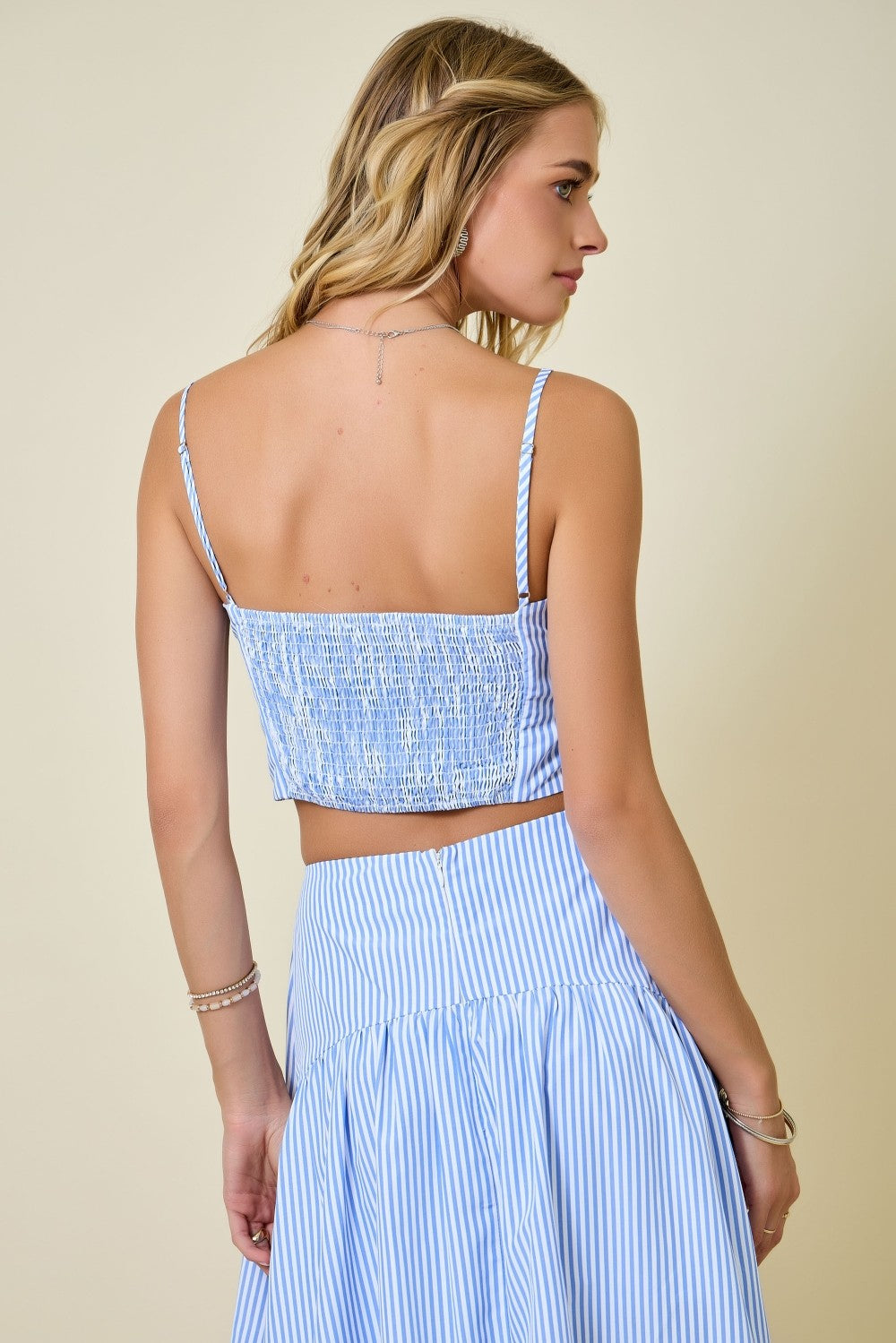 Juniors' Day + Moon Stripe Crop W/Smocked Adjustable Straps Top