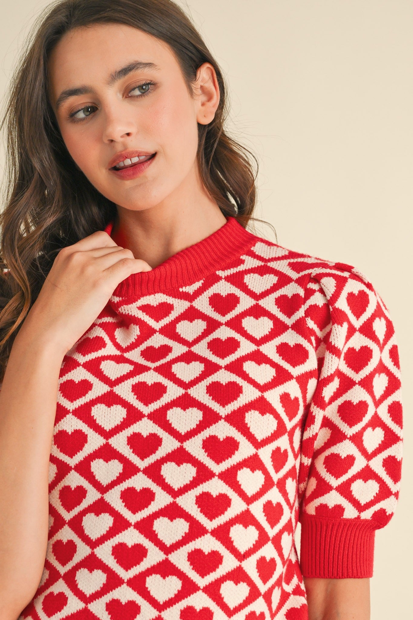 Mock Neck Heart Sweater (Red/White)