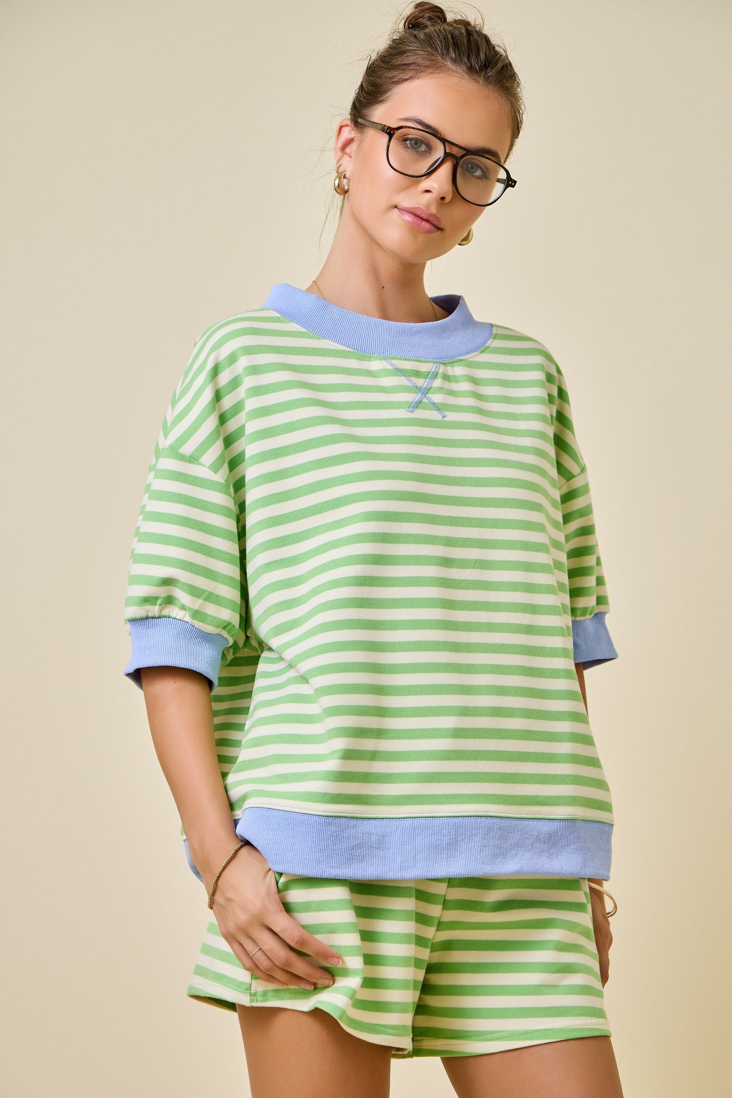 Juniors' Day + Moon S/S Mock Neck Striped Lounge Sweatshirt