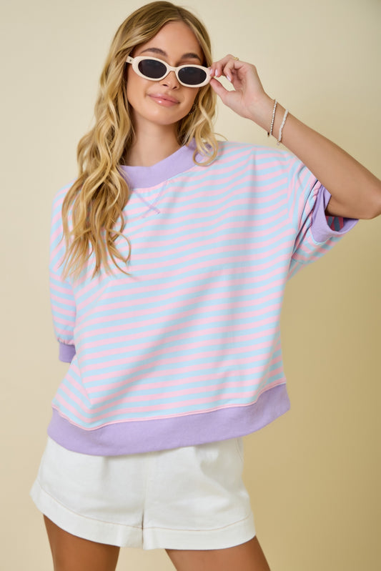 Juniors' Day + Moon S/S Mock Neck Striped Lounge Sweatshirt