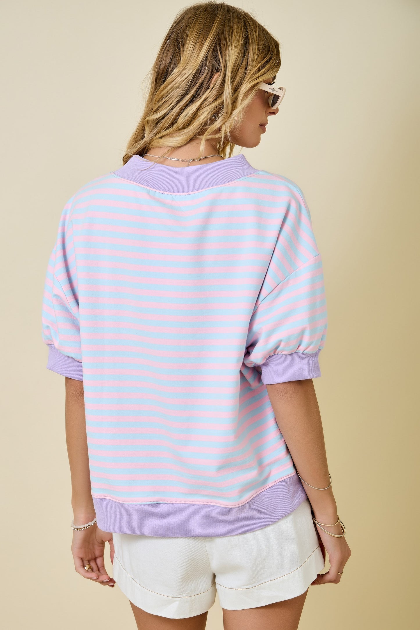 Juniors' Day + Moon S/S Mock Neck Striped Lounge Sweatshirt
