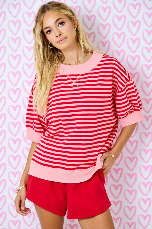 Juniors' Day + Moon S/S Mock Neck Striped Top (Red/Pink)