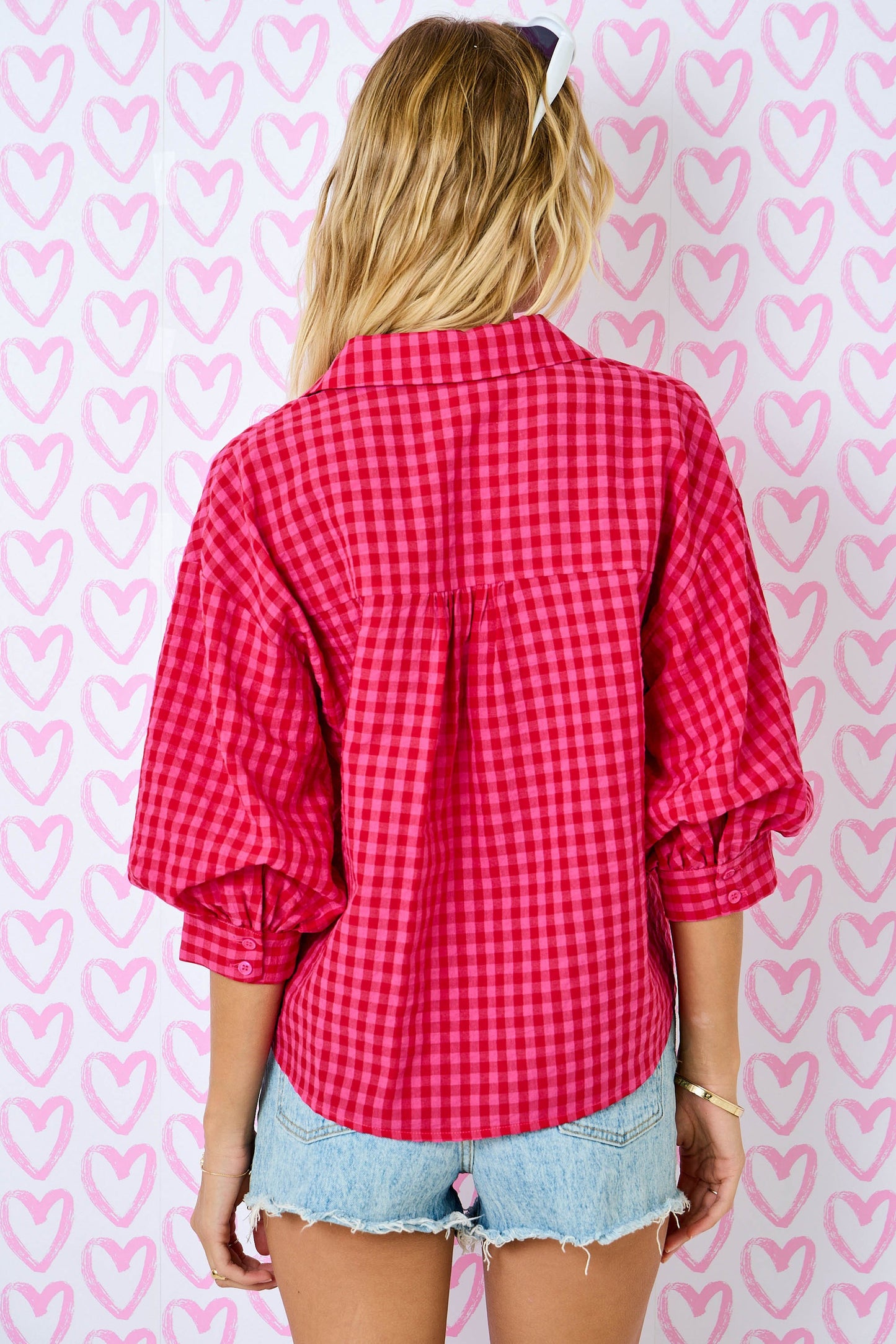 Juniors' Day + Moon Gingham 3/4 Bubble Sleeve Button Down (Red/Pink)