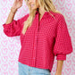 Juniors' Day + Moon Gingham 3/4 Bubble Sleeve Button Down (Red/Pink)