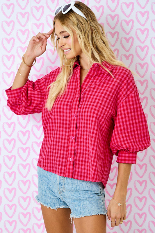 Juniors' Day + Moon Gingham 3/4 Bubble Sleeve Button Down (Red/Pink)