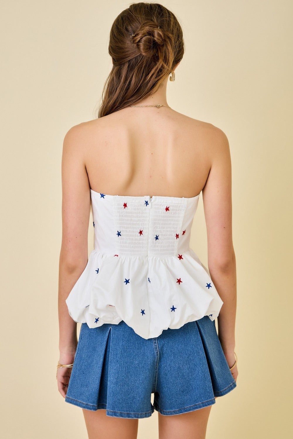 Juniors' Day + Moon Strapless Star Embroidered Peplum Bubble Button Top (White/Red/Blue)