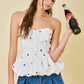 Juniors' Day + Moon Strapless Star Embroidered Peplum Bubble Button Top (White/Red/Blue)