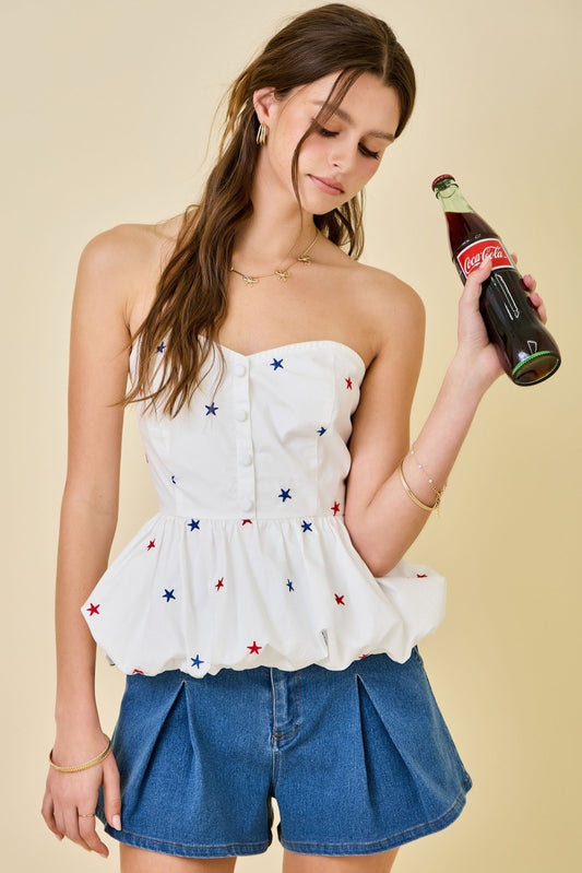 Juniors' Day + Moon Strapless Star Embroidered Peplum Bubble Button Top (White/Red/Blue)