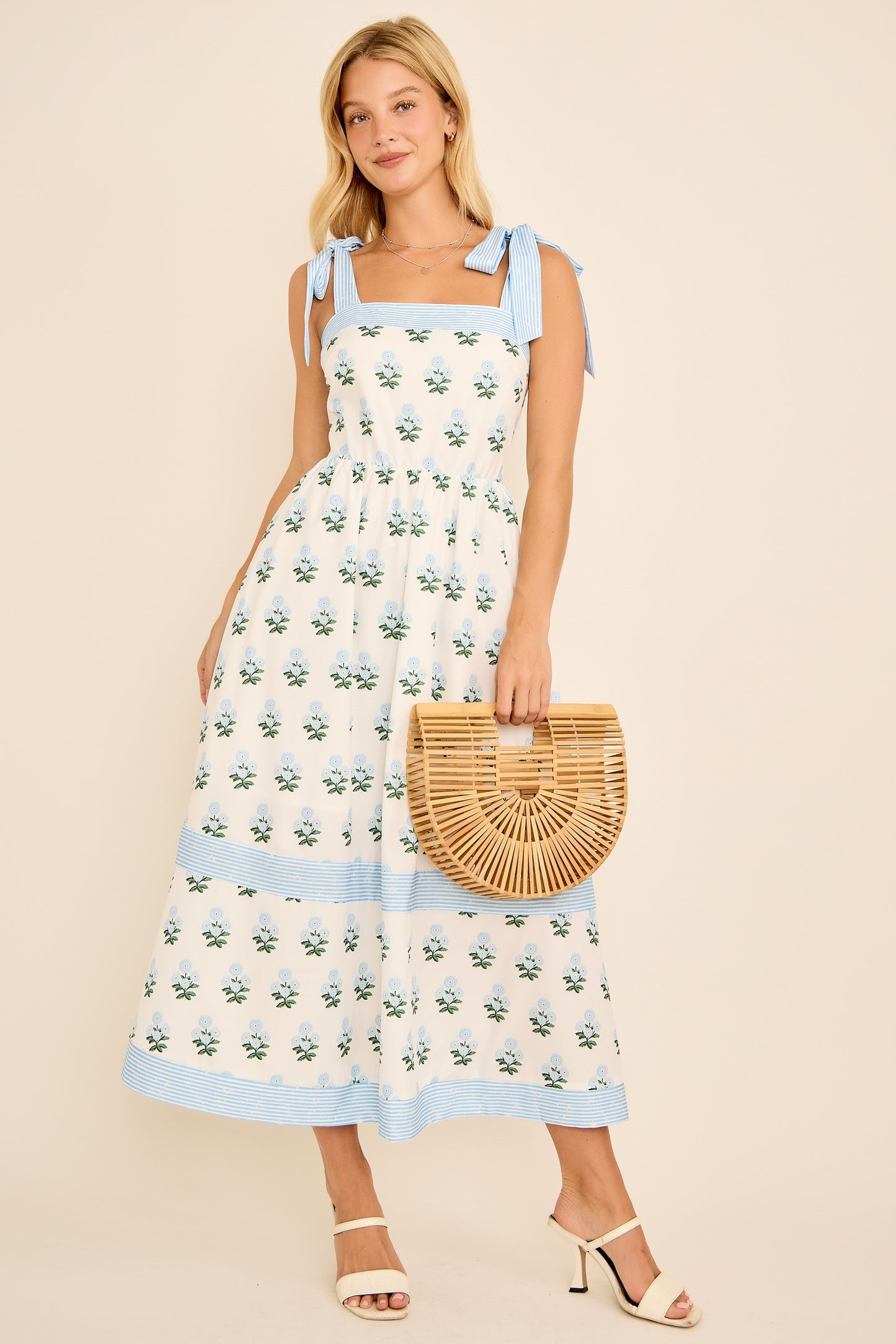 Juniors' Main Strip Floral Print W/Tie Shoulder Straps Midi Dress (Light Blue)