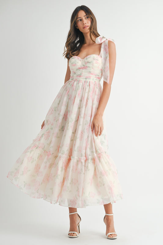 Juniors' Mable Floral Bust Ruched Midi Dress W/Shoulder Tie Straps (Pink)