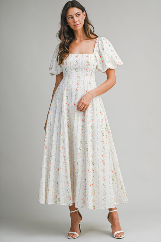 Juniors' Mable Floral Print Puff Sleeve Square Neck Midi Dress