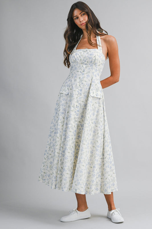 Juniors' Mable Floral Print Halter Neck Midi Dress (Blue)