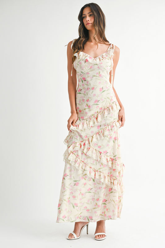 Juniors' Mable Floral Print Asymmetrical Ruffle Tiered Maxi Dress (Pink)