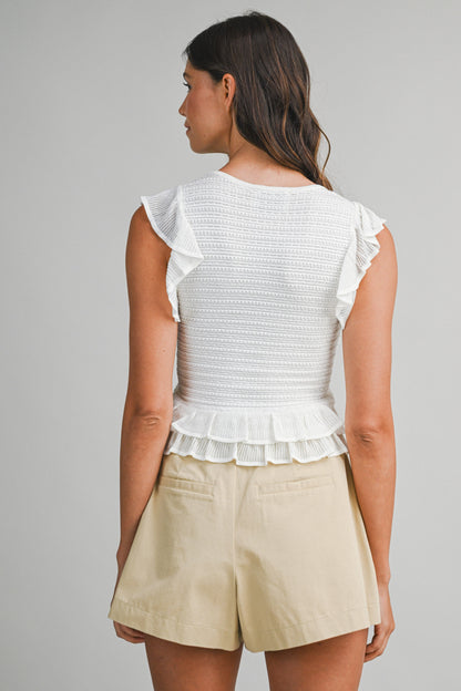 Juniors' Mable Textured Sleeveless Ruffled Knit Top