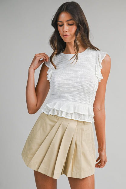 Juniors' Mable Textured Sleeveless Ruffled Knit Top
