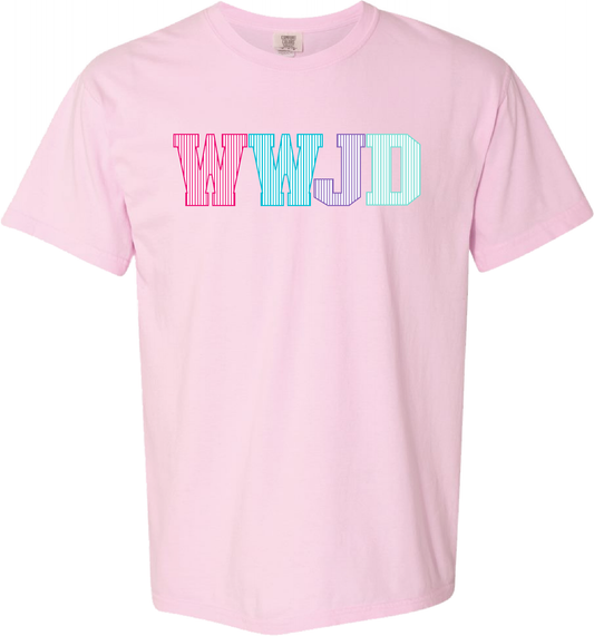 Juniors' Striped WWJD Comfort Color S/S Tee (Blossom)