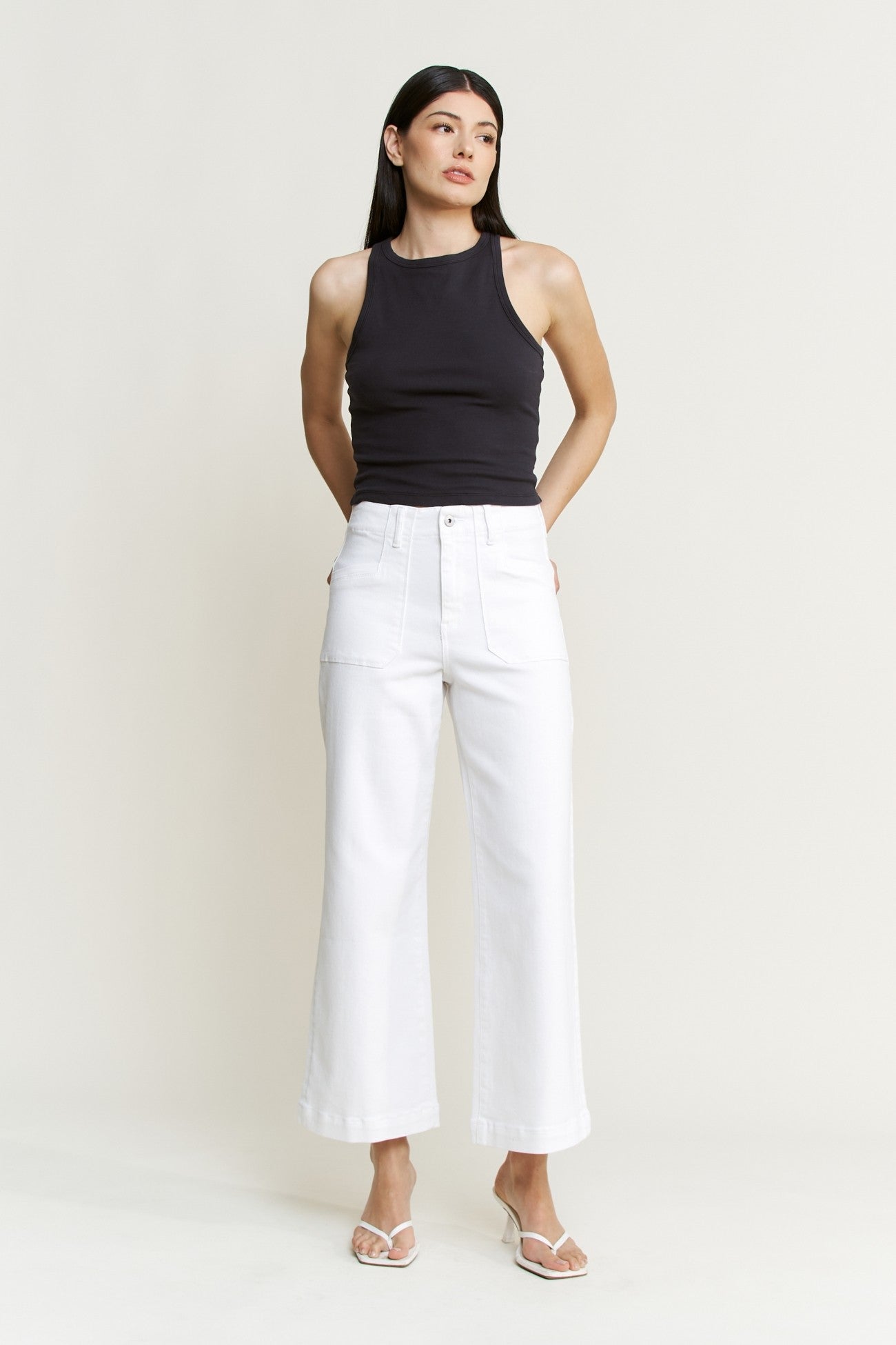 Juniors' Mica Denim Super High Wide Cropped Utility Jean (White)