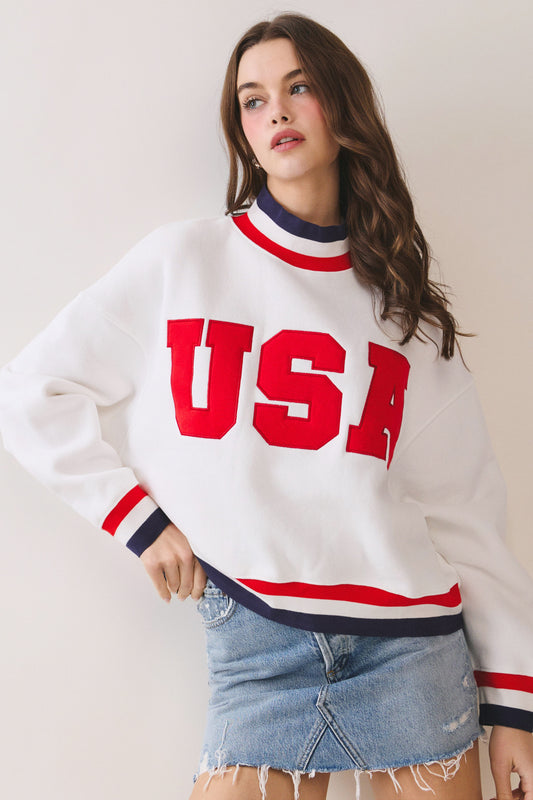 Juniors' Pretty Follies USA Mockneck Sweatshirt (White)