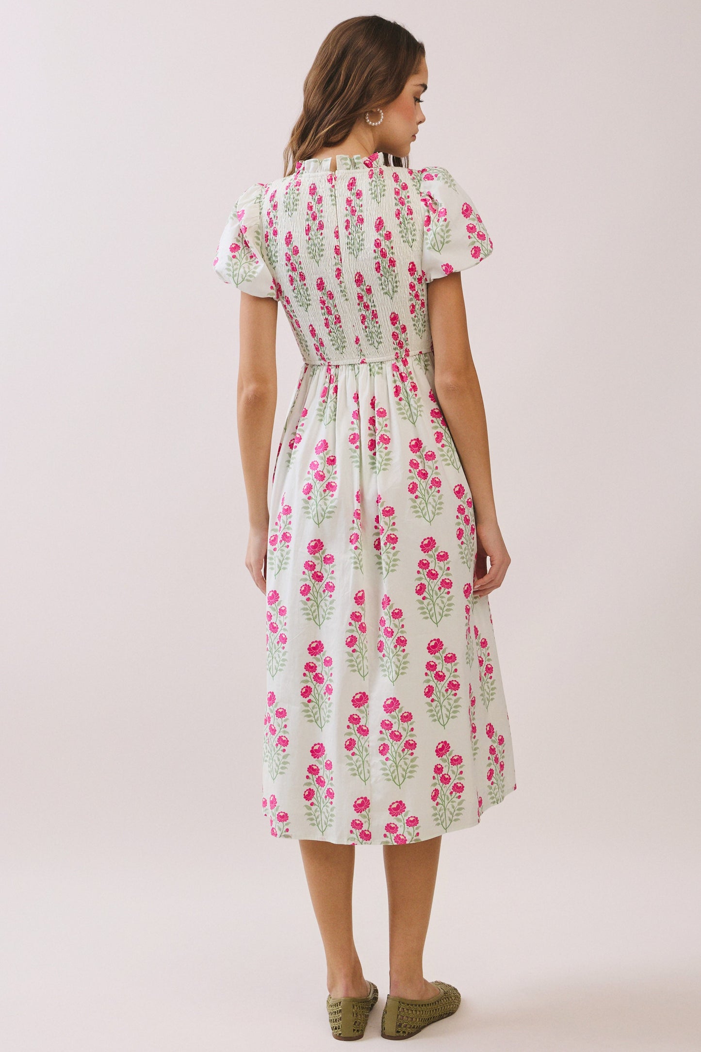 Juniors' Pretty Follies Floral Print Smocked Bodice High Neck Midi Dress (Cream)