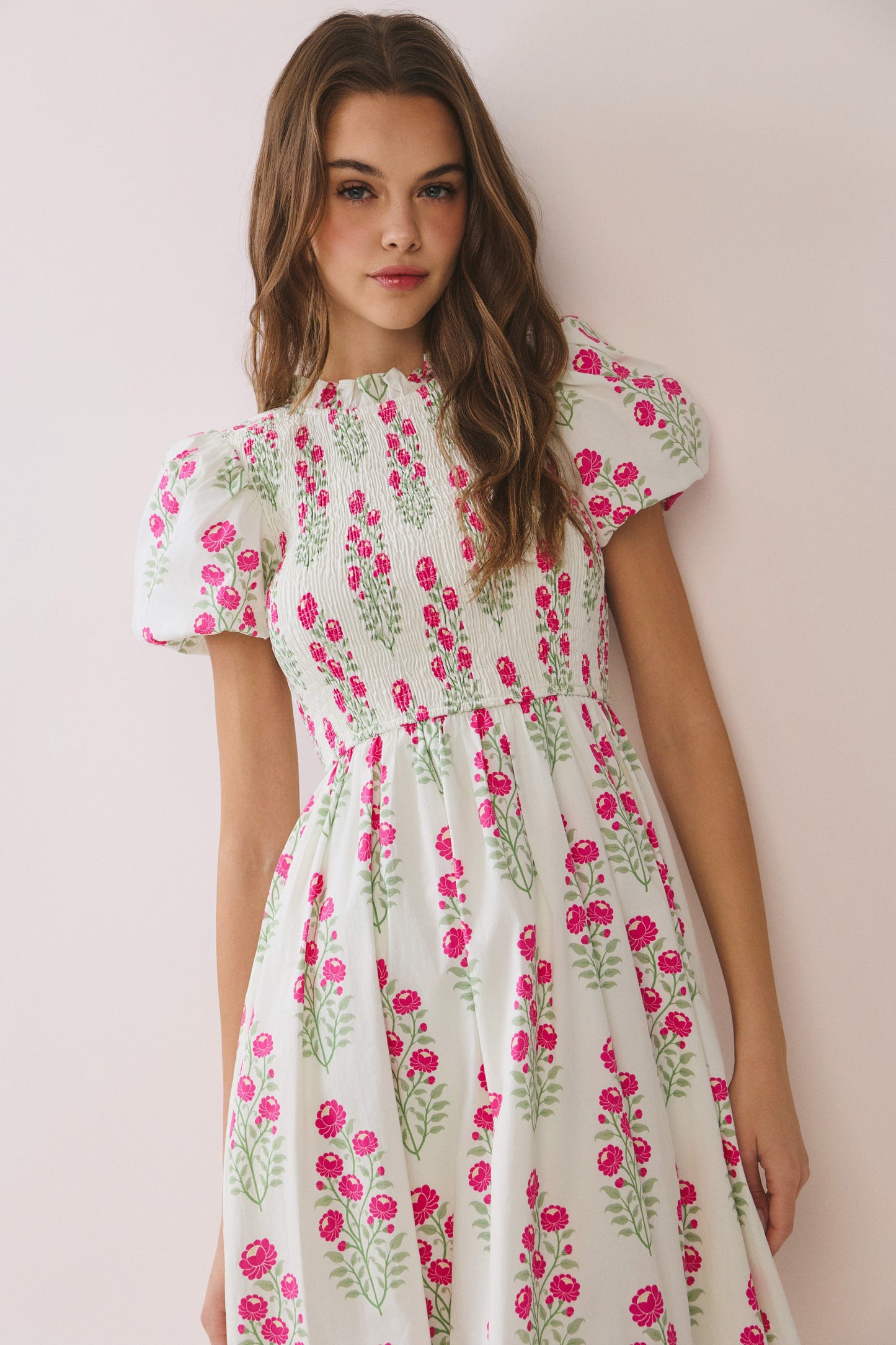 Juniors' Pretty Follies Floral Print Smocked Bodice High Neck Midi Dress (Cream)