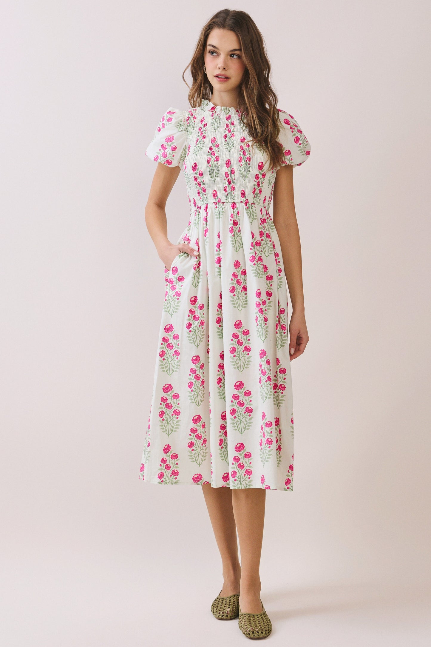 Juniors' Pretty Follies Floral Print Smocked Bodice High Neck Midi Dress (Cream)