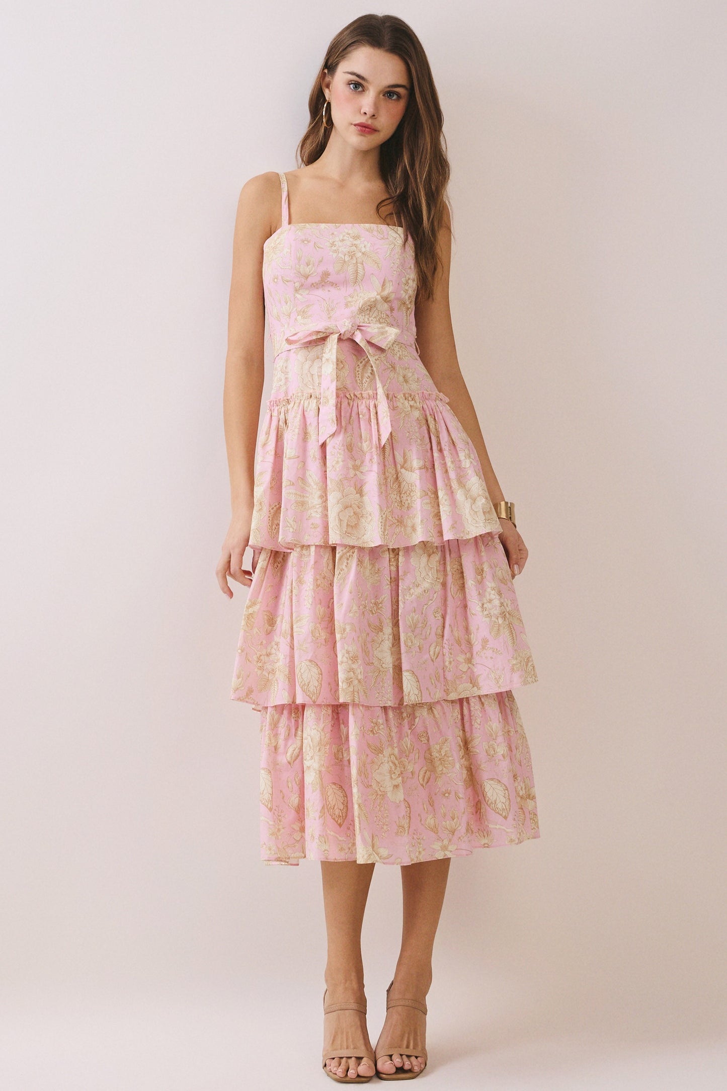 Juniors' Pretty Follies Floral Print Square Neck Tiered Ruffle Midi Dress (Pink)