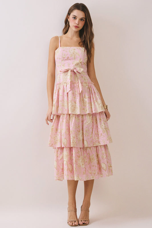Juniors' Pretty Follies Floral Print Square Neck Tiered Ruffle Midi Dress (Pink)