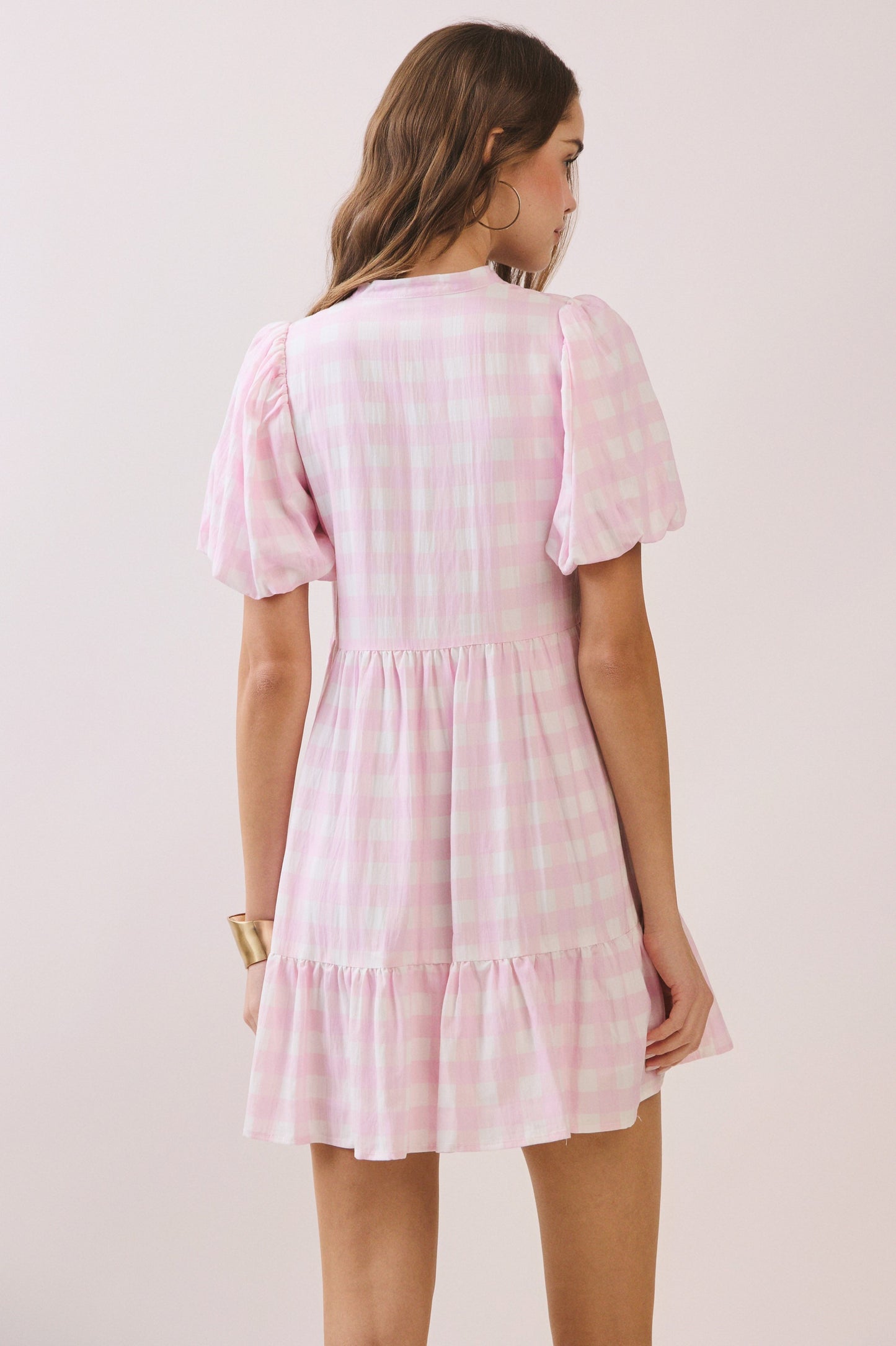 Juniors' Pretty Follies Gingham Print Soft V Notch Neck Mini Dress (Pink)