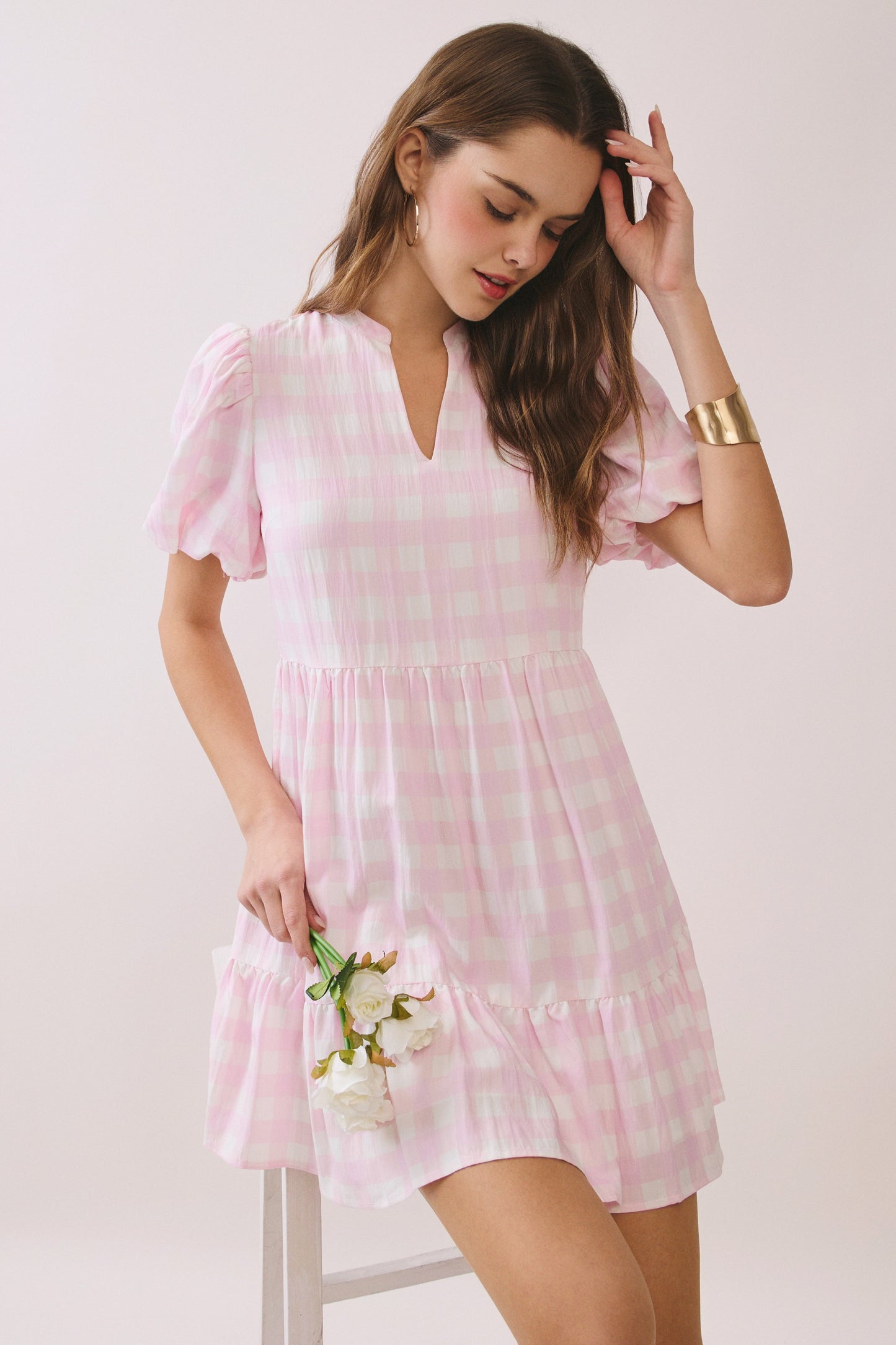 Juniors' Pretty Follies Gingham Print Soft V Notch Neck Mini Dress (Pink)